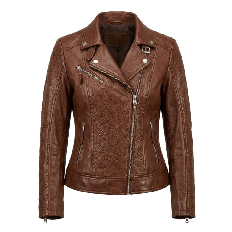 Designer Women's Black Leather Embossed Jacket MAS Leather Garments