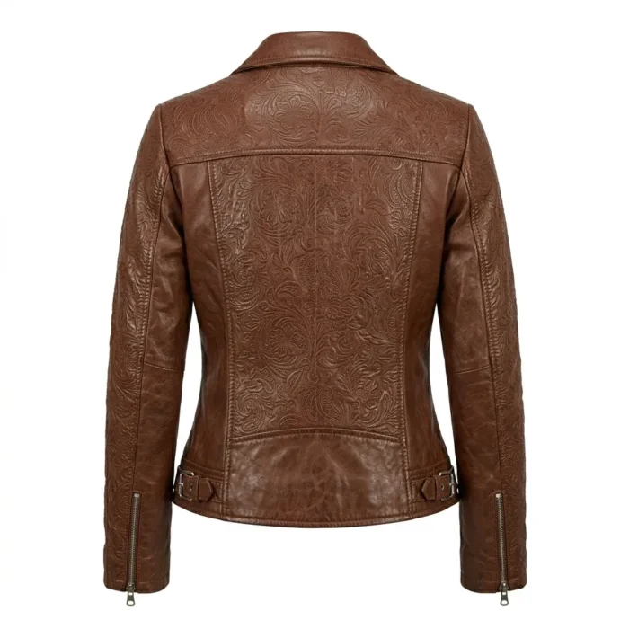 Designer Women's Black Leather Embossed Jacket MAS Leather Garments Back View