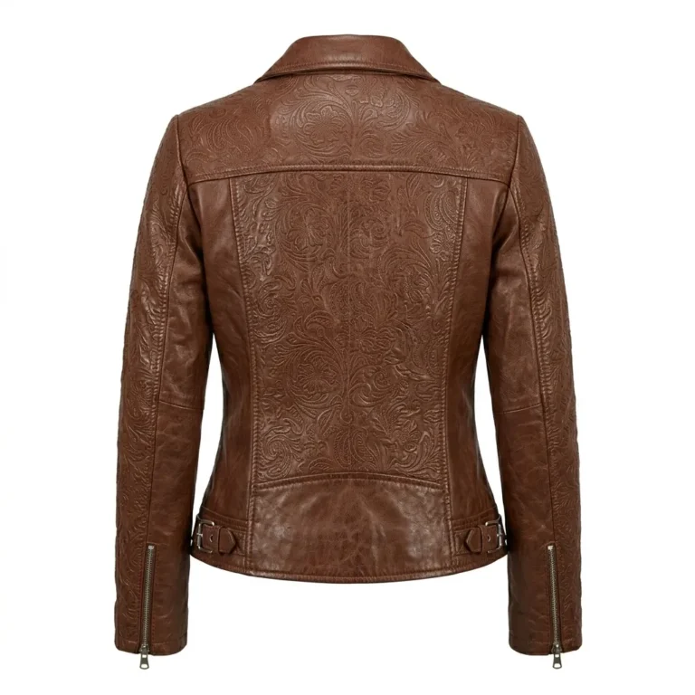 Designer Women's Black Leather Embossed Jacket MAS Leather Garments Back View