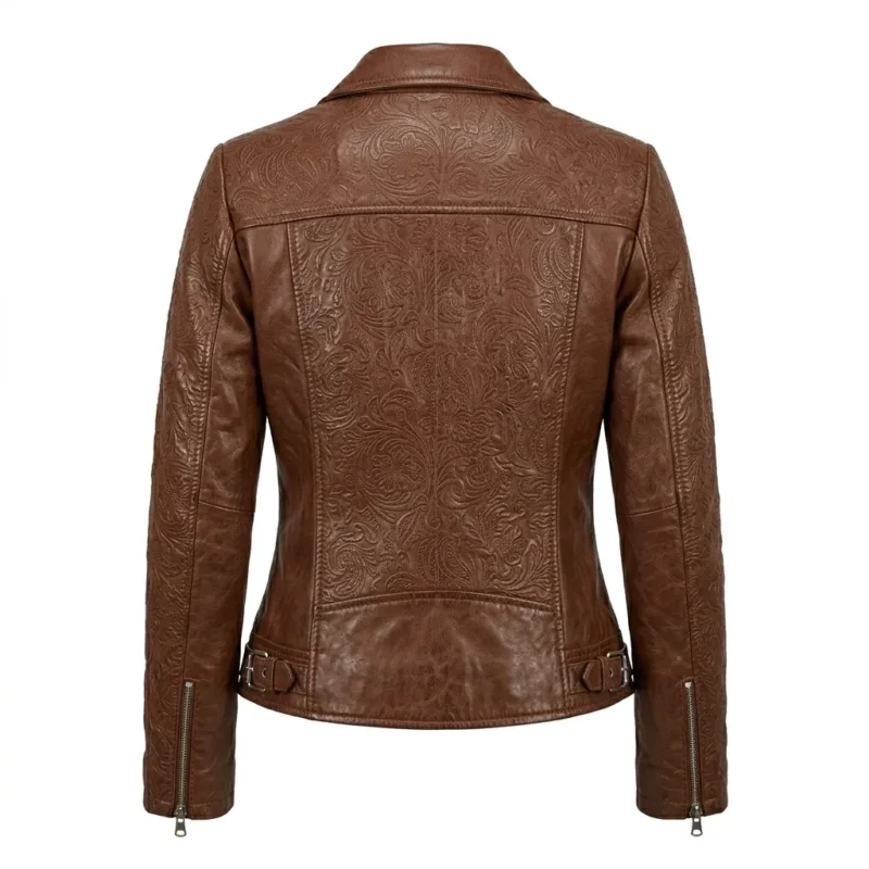 Designer Women's Black Leather Embossed Jacket MAS Leather Garments Back View