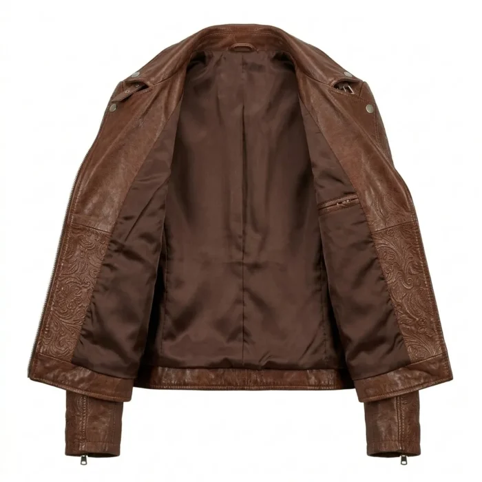 Designer Women's Black Leather Embossed Jacket MAS Leather Garments Inner View