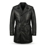 Elegant Men's Black Leather Trench Over Coat With Belt Sale MAS Leather Garments
