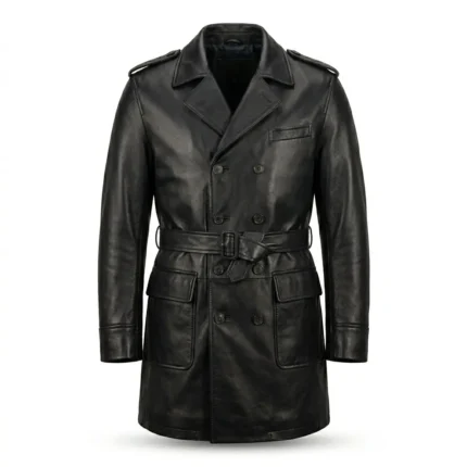 Elegant Men's Black Leather Trench Over Coat With Belt Sale MAS Leather Garments