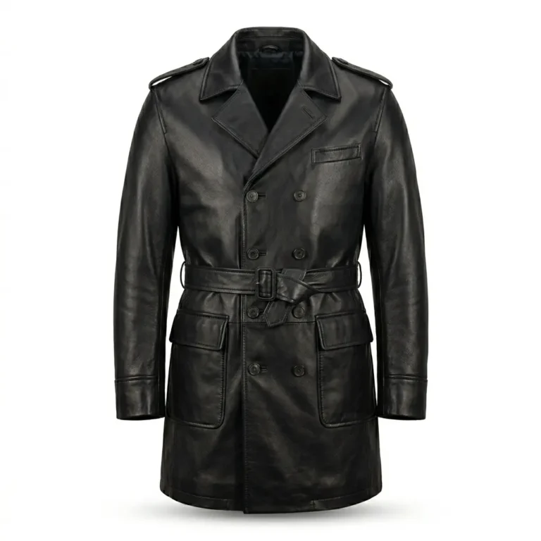 Elegant Men's Black Leather Trench Over Coat With Belt Sale MAS Leather Garments
