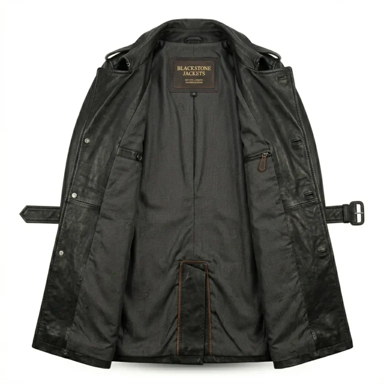 Elegant Men's Black Leather Trench Over Coat With Belt Sale MAS Leather Garments