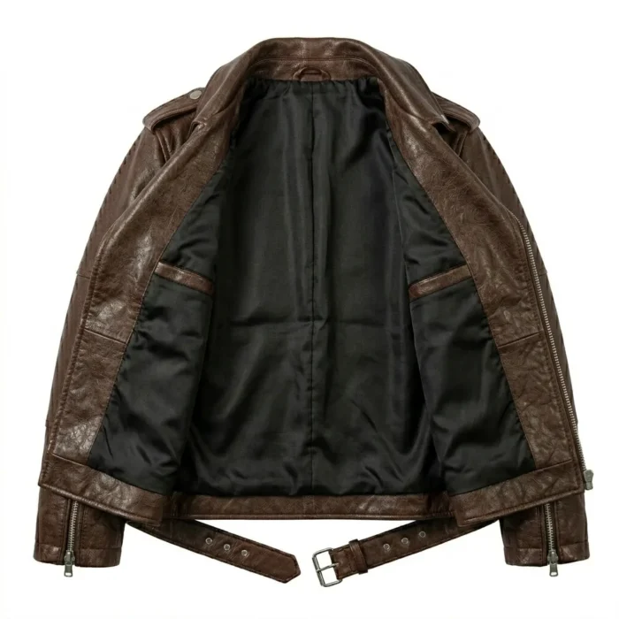 Elite Boys Kids Brown Leather Biker Jacket MAS Leather Garments Inner View