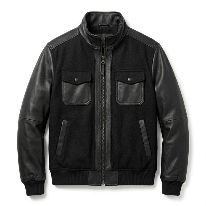 Elite Men's Black Wool Leather Jacket MAS Leather Garments
