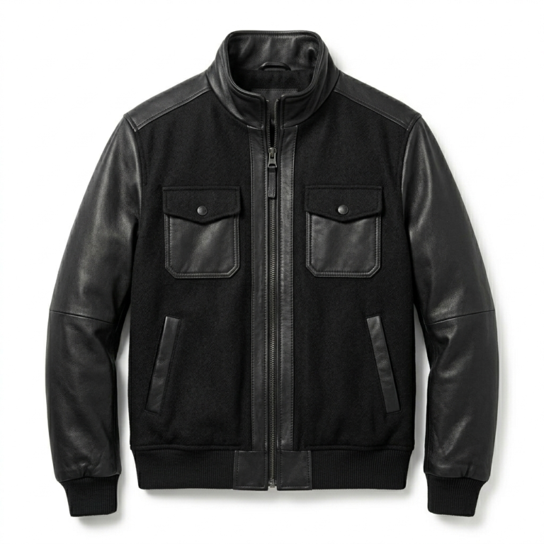 Elite Men's Black Wool Leather Jacket MAS Leather Garments