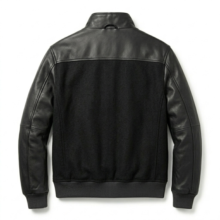 Elite Men's Black Wool Leather Jacket MAS Leather Garments Back View