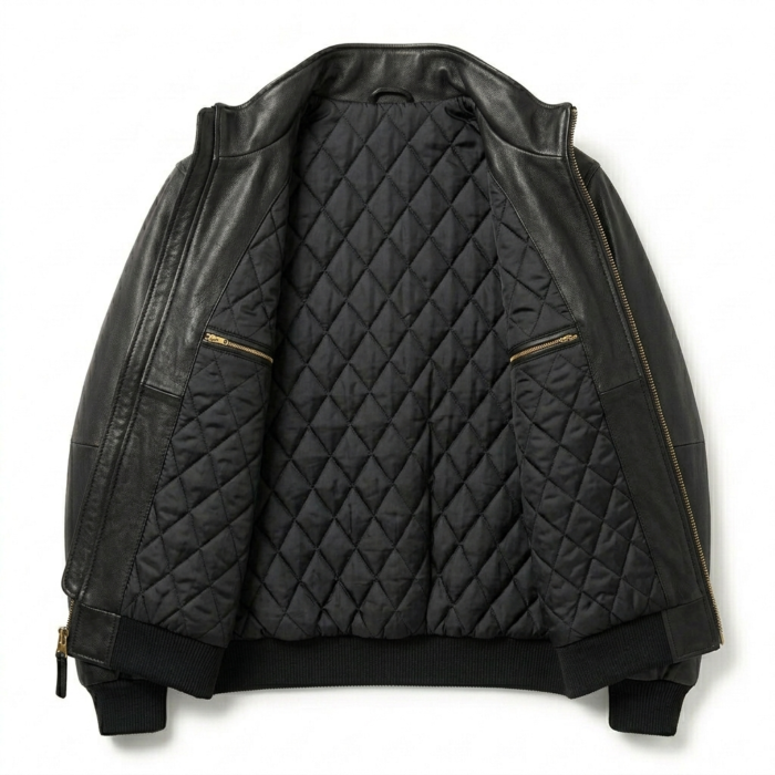 Elite Men's Black Wool Leather Jacket MAS Leather Garments Inner View
