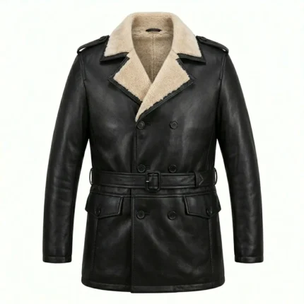 Exquisite Men's Black Leather Shearling Belted Coat Sale | MAS Leather Garments