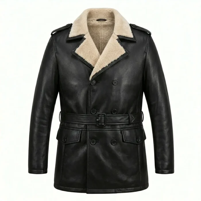 Exquisite Men's Black Leather Shearling Belted Coat Sale | MAS Leather Garments