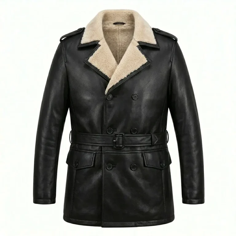 Exquisite Men's Black Leather Shearling Belted Coat Sale | MAS Leather Garments