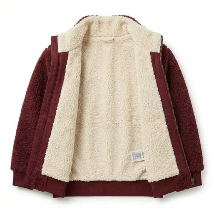 Finest Boys Kids Maroon Sherpa Jacket Soft Fleece MAS Leather Garments Inner View