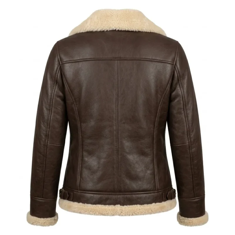 Heritage Inspired Women's Brown Shearling Leather Jacket MAS Leather Garments Back View