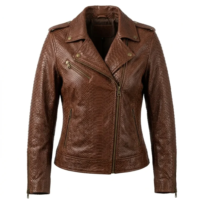 Heritage Inspired Women's Brown Snake Embossed Leather Jacket MAS Leather Garments