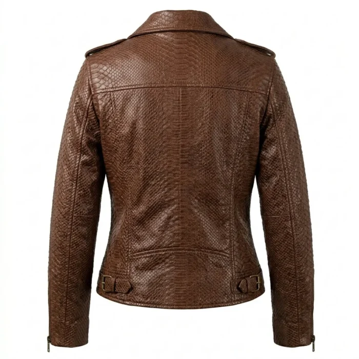 Heritage Inspired Women's Brown Snake Embossed Leather Jacket MAS Leather Garments Back View