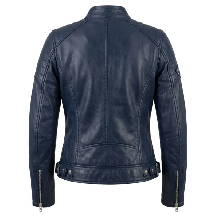 Iconic Women's Navy Blue Leather Moto Jacket MAS Leather Garments Back View