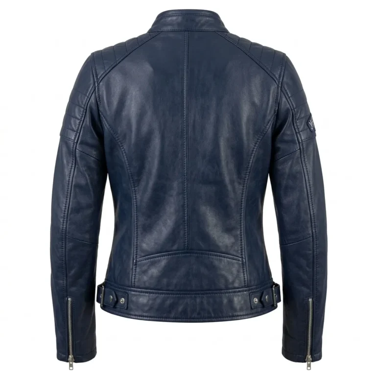 Iconic Women's Navy Blue Leather Moto Jacket MAS Leather Garments Back View