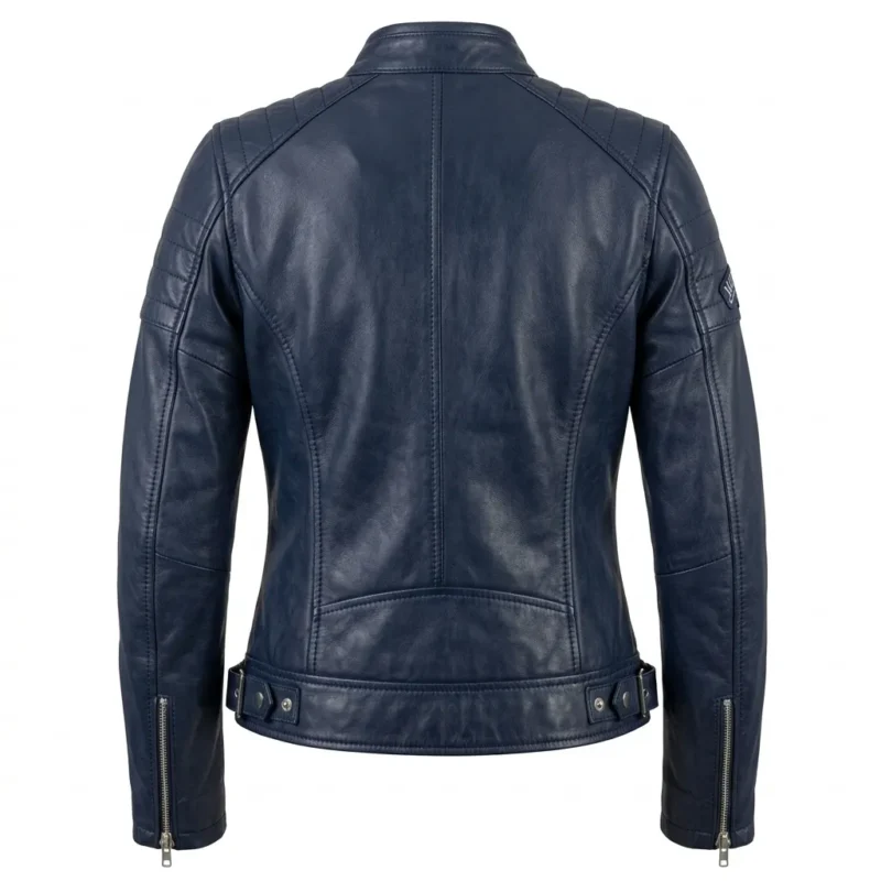 Iconic Women's Navy Blue Leather Moto Jacket MAS Leather Garments Back View