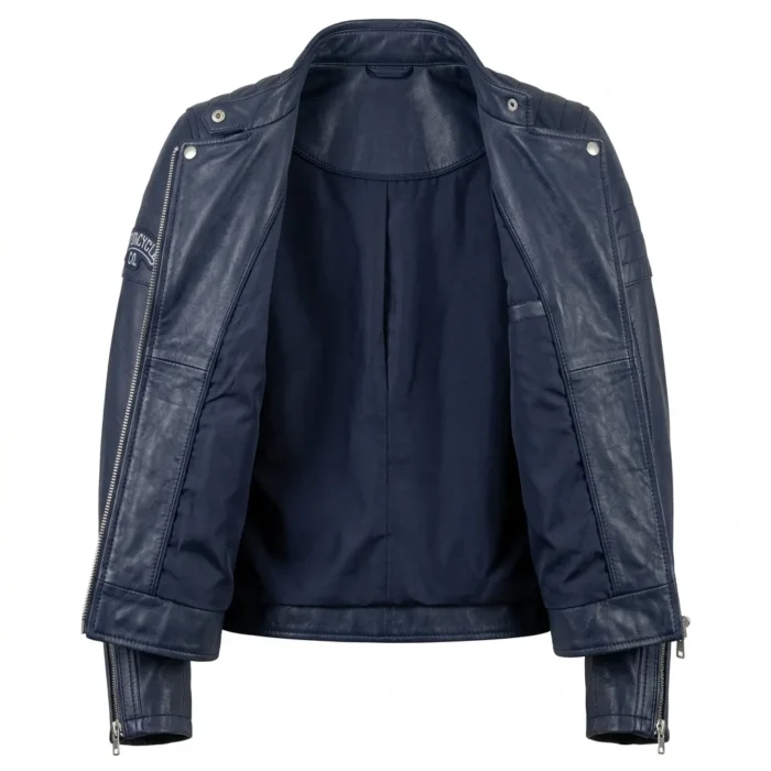 Iconic Women's Navy Blue Leather Moto Jacket MAS Leather Garments Inner View