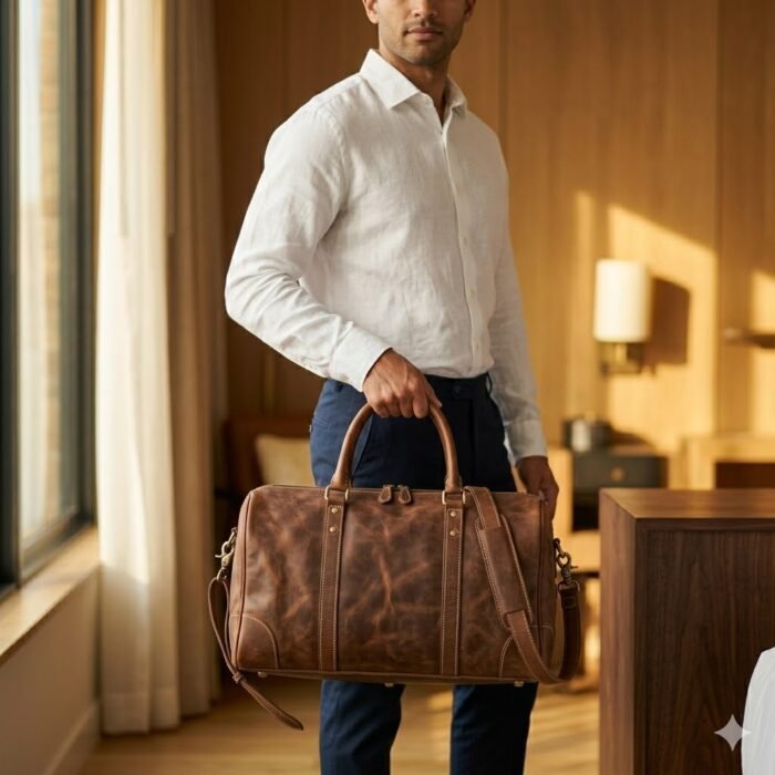 Premium Brown Distressed Genuine Leather Travel Bag | MAS Leather Garments - Image 6