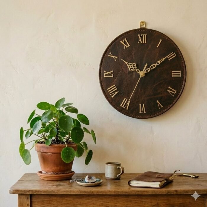 Handmade Brown Leather Wall Clock Decorative Home Accent | MAS Leather Garments - Image 1