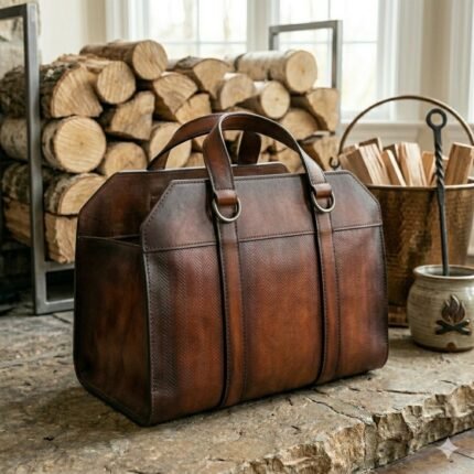 Premium Brown Genuine Leather Firewood Carrier | MAS Leather Garments