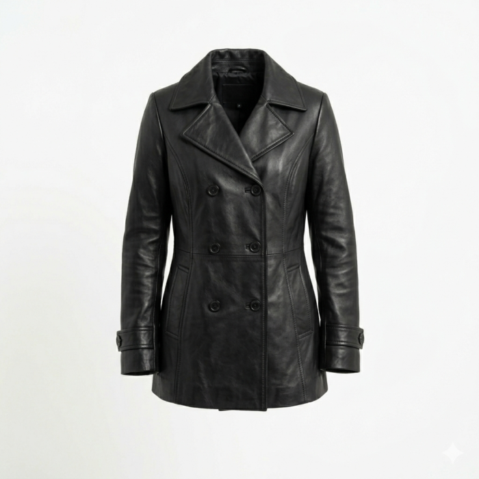 Luxury Black Leather Peacoats For Women MAS Leather Garments front view