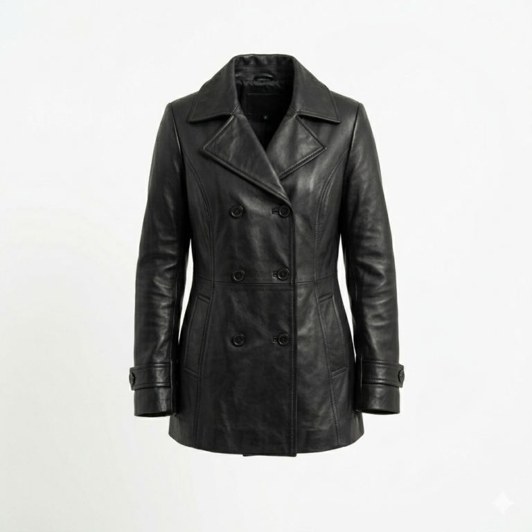Luxury Black Leather Peacoats For Women MAS Leather Garments front view