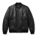 Luxury Men's Black Crocodile Embossed Genuine Bomber Leather Jacket MAS Leather Garments