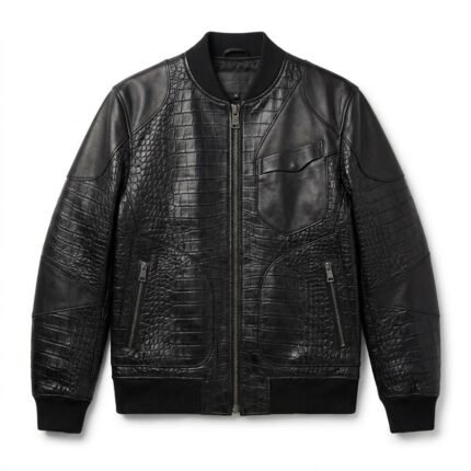 Luxury Men's Black Crocodile Embossed Genuine Bomber Leather Jacket MAS Leather Garments
