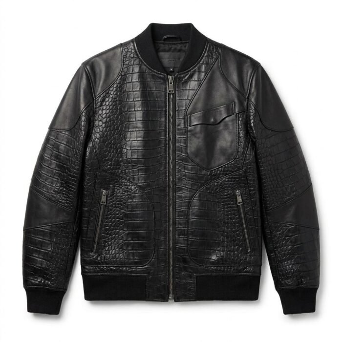 Luxury Men's Black Crocodile Embossed Genuine Bomber Leather Jacket MAS Leather Garments