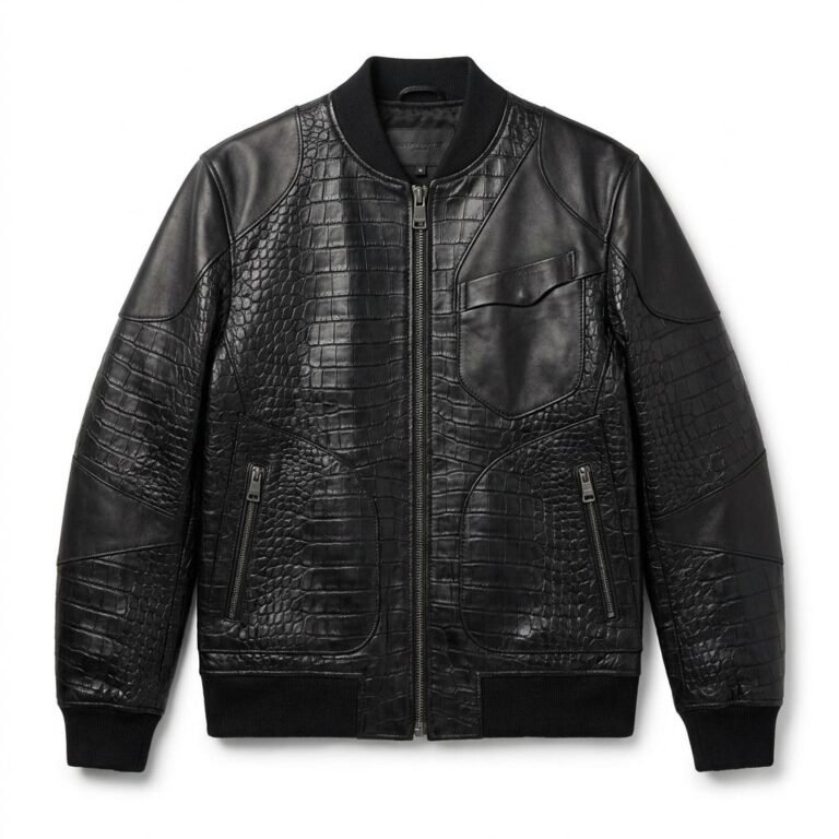 Luxury Men's Black Crocodile Embossed Genuine Bomber Leather Jacket MAS Leather Garments