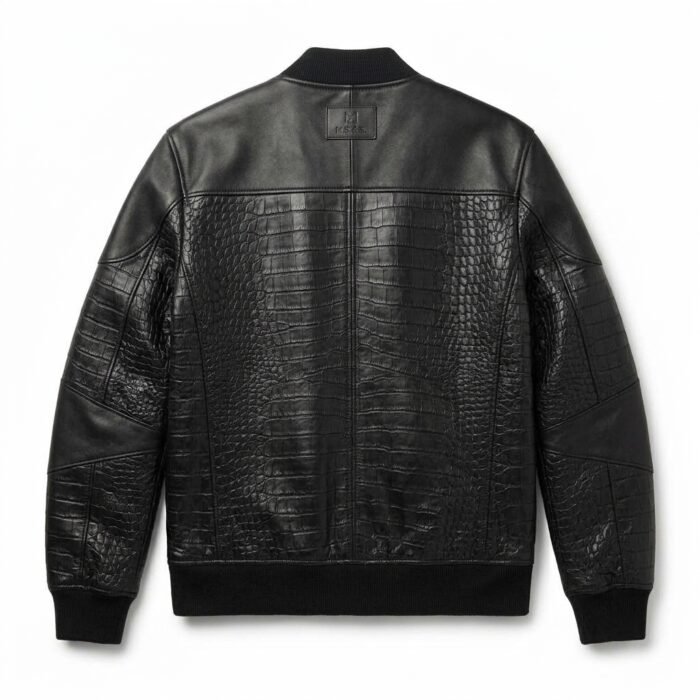 Luxury Men's Black Crocodile Embossed Genuine Bomber Leather Jacket MAS Leather Garments Back View