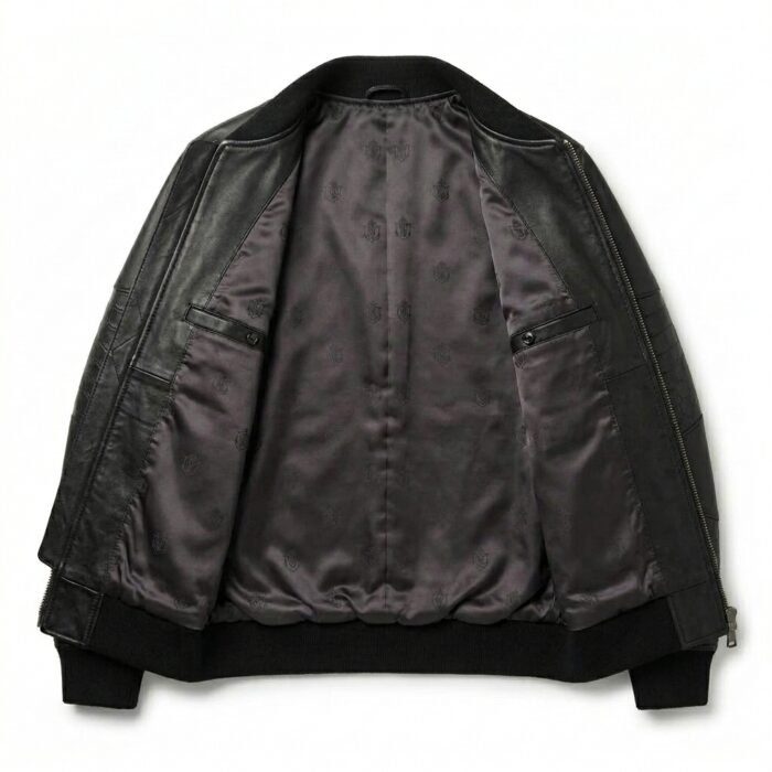 Luxury Men's Black Crocodile Embossed Genuine Bomber Leather Jacket MAS Leather Garments Inner View
