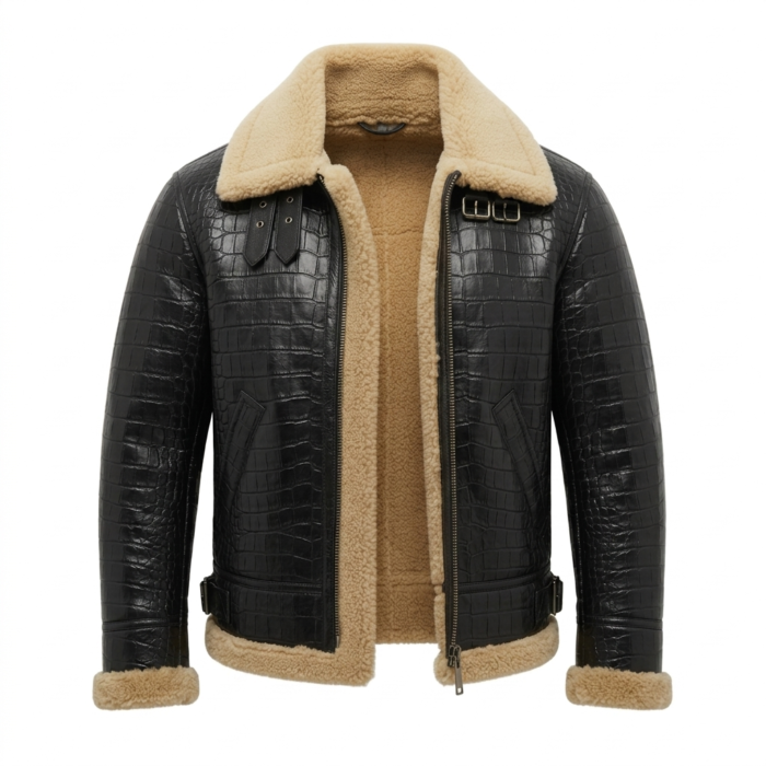 Luxury Men's Black Crocodile Embossed Leather Shearling Jacket MAS Leather Garments