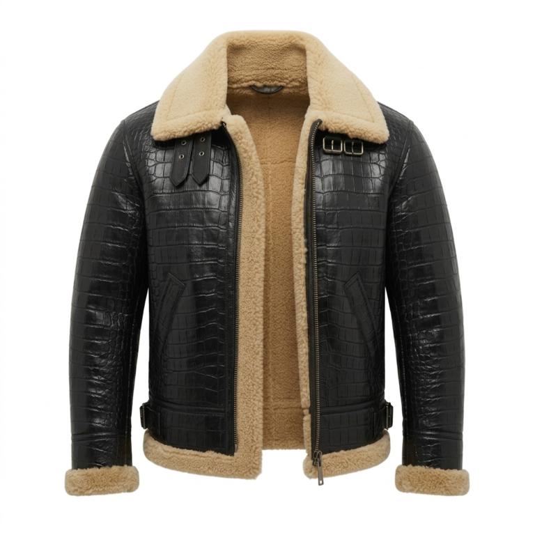 Luxury Men's Black Crocodile Embossed Leather Shearling Jacket MAS Leather Garments