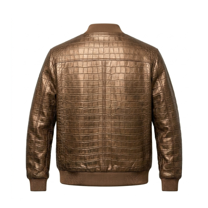 Luxury Men's Brown Crocodile Embossed Leather Jacket MAS Leather Garments Back View