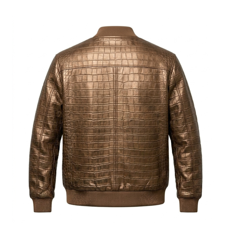 Luxury Men's Brown Crocodile Embossed Leather Jacket MAS Leather Garments Back View