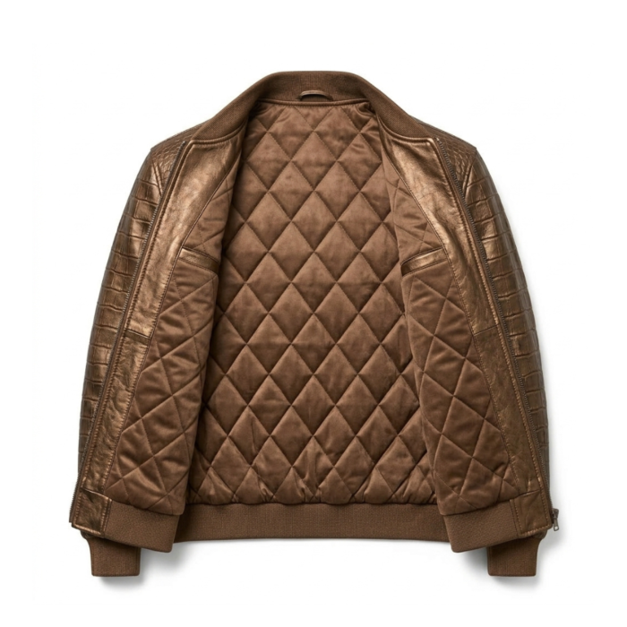 Luxury Men's Brown Crocodile Embossed Leather Jacket MAS Leather Garments Inner View