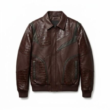 Luxury Men's Charcoal Black Crocodile Embossed Genuine Leather Jacket MAS Leather Garments