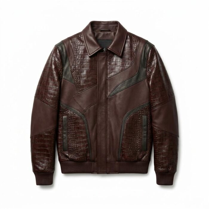 Luxury Men's Charcoal Black Crocodile Embossed Genuine Leather Jacket MAS Leather Garments
