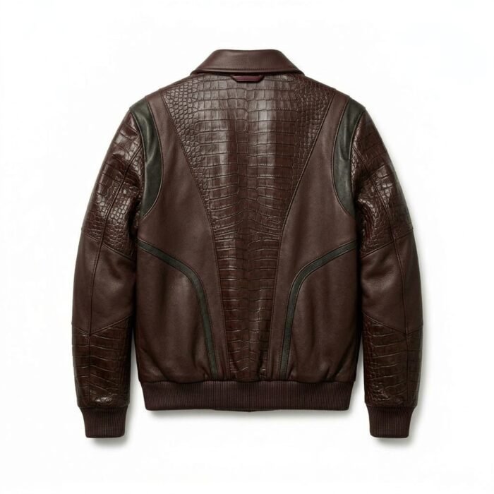 Luxury Men's Charcoal Black Crocodile Embossed Genuine Leather Jacket MAS Leather Garments Back View