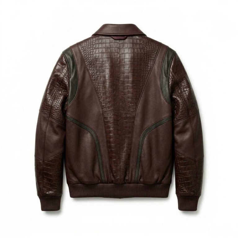 Luxury Men's Charcoal Black Crocodile Embossed Genuine Leather Jacket MAS Leather Garments Back View