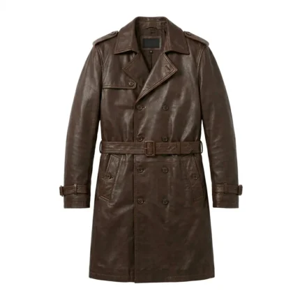 Luxury Men's Dark Brown Leather Trench Coat Sale front MAS Leather Garments