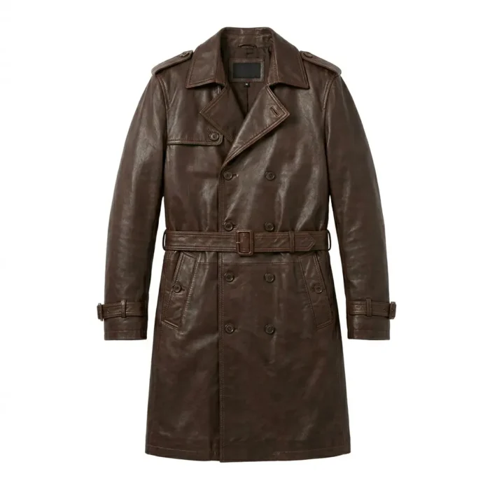 Luxury Men's Dark Brown Leather Trench Coat Sale front MAS Leather Garments