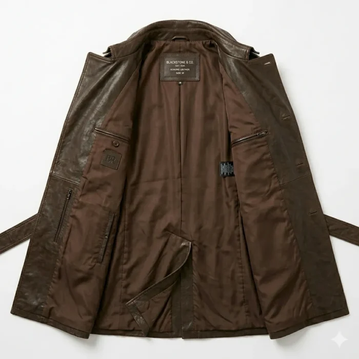 Luxury Men's Dark Brown Leather Trench Coat Sale front MAS Leather Garments