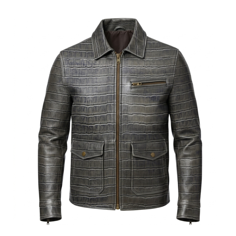 Luxury Men’s Grey Crocodile Embossed Genuine Cowhide Biker Vintage Style Leather Jacket MAS Leather Garments