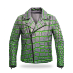 Luxury Men's Silver Neon Green Crocodile Embossed Leather Jacket MAS Leather Garments